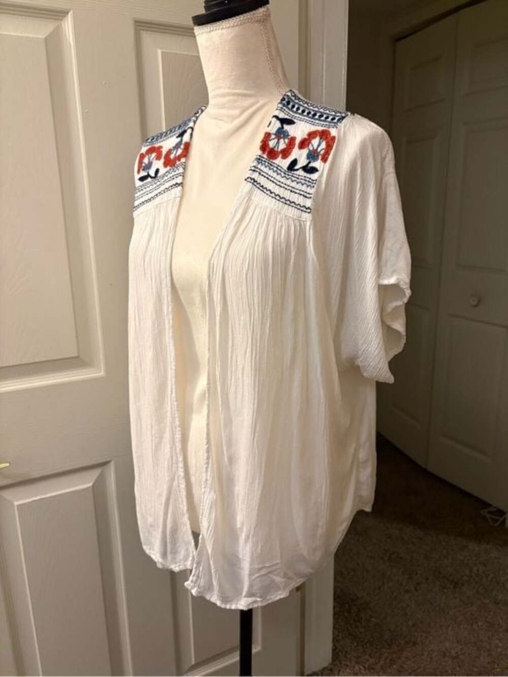 Mossimo Supply Co. White Open-Front Tunic with Navy and Orange Embroidery
